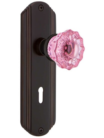 Streamline Deco Mortise Lock Set with Colored Fluted Crystal Glass Knobs Pink in Timeless Bronze.